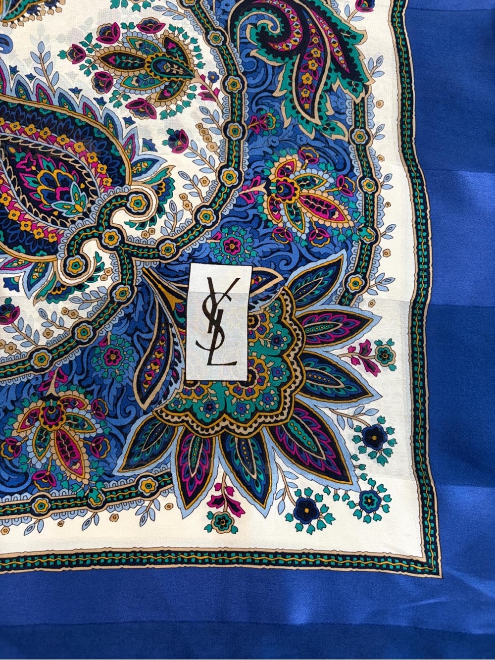 YSL Silk Scarf Blue White Paisley Logo 41 Inch Hand Rolled - Picture 7 of 11